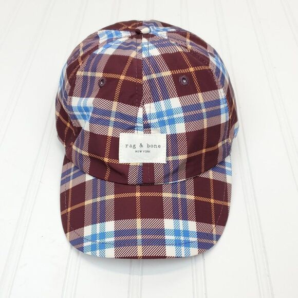 Rag & Bone Unisex Addison Baseball Cap in Burgundy Plaid - Picture 3 of 12